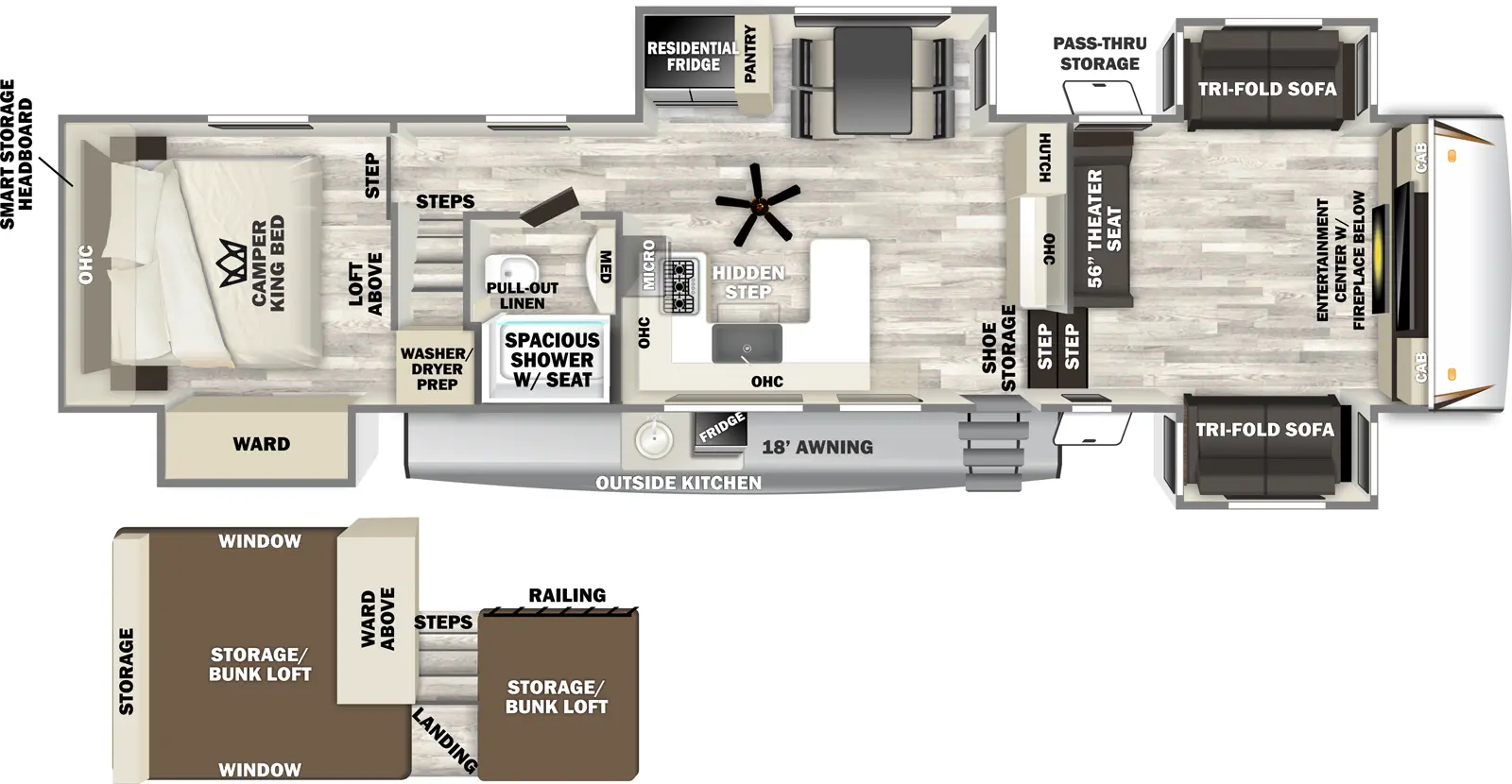 The Sabre 37FLL has one entry and four slide outs. Exterior features include: fiberglass exterior, 18' awning and outside kitchen. Interiors features include: loft, free-standing dinette option, rear bedroom and front living.